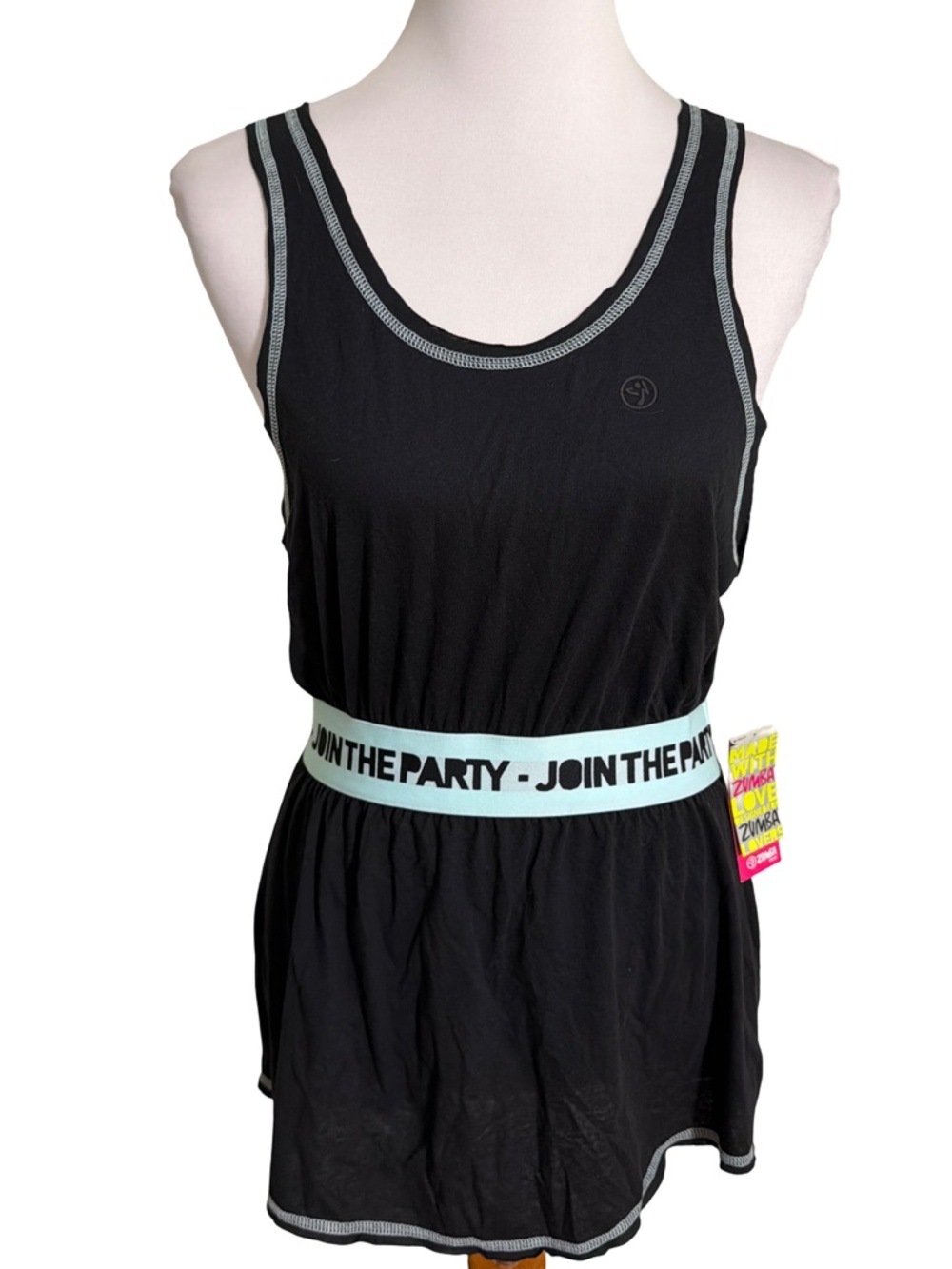 Zumba Fitness Black Tank Top Light Blue Waistband